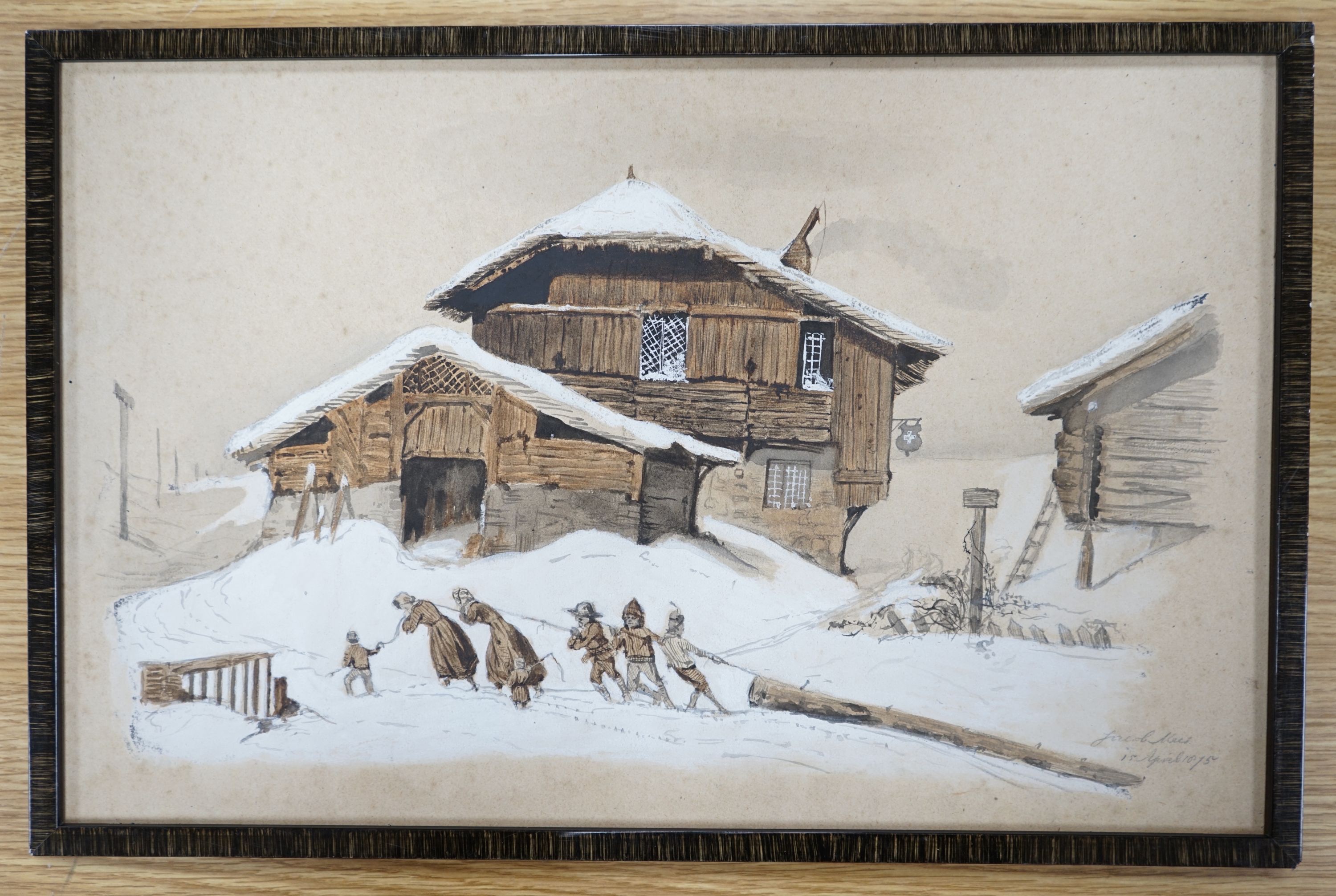 Jacob Meis, watercolour and pencil, Figures hauling a log in a Swiss winter landscape, signed and dated 1875, 28 x 44cm